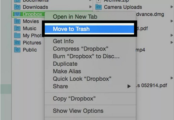 dropbox cant be moved to trash