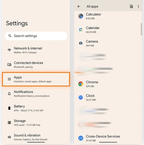 android settings and apps